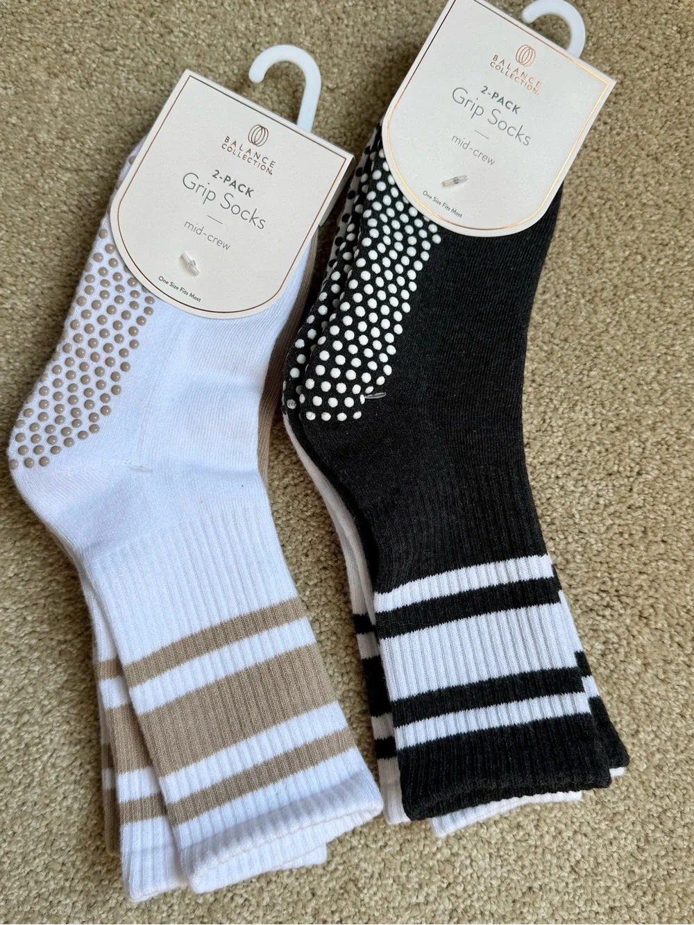 NEW BALANCE COLLECTION Striped Grip Crew Non Slip Socks - Black, & Tan Mid Crew